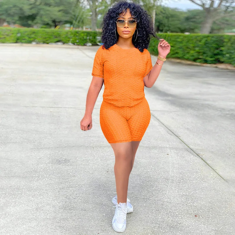 Texturized Sportswear O-Neck Solid Color Short Sleeve Women's T-Shirt + Shorts 2-Piece Fitness Workout Set