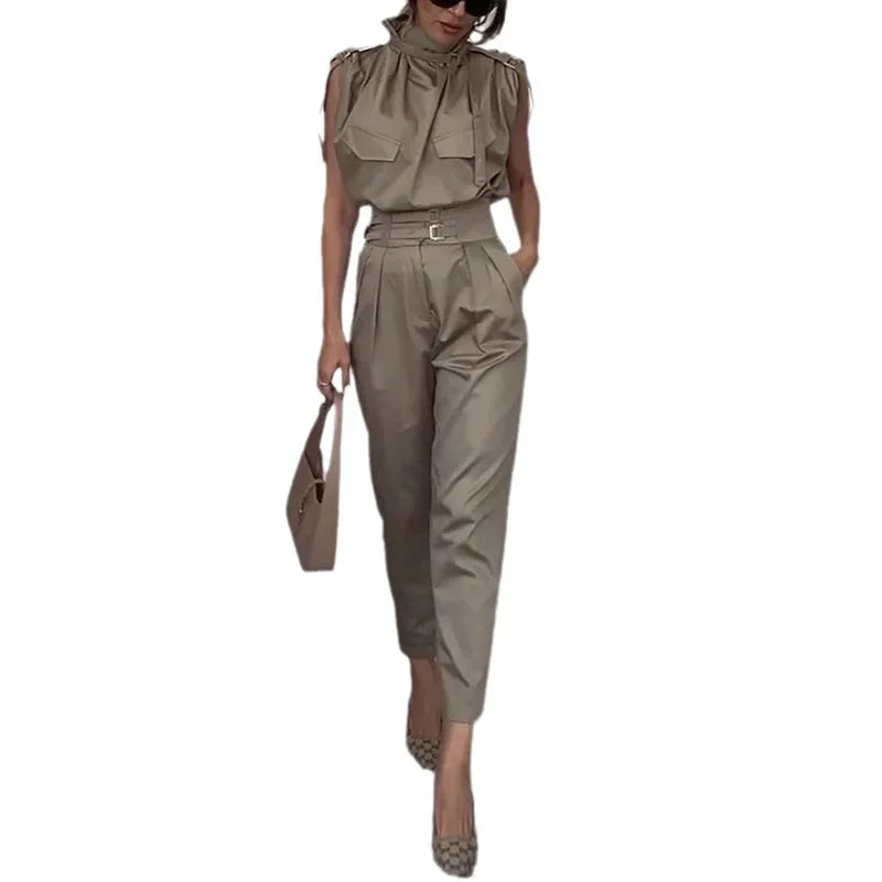 Short Sleeve Solid Statement Double Pocket High Neck Belted Blouse + Matching Pants 2-Piece Set