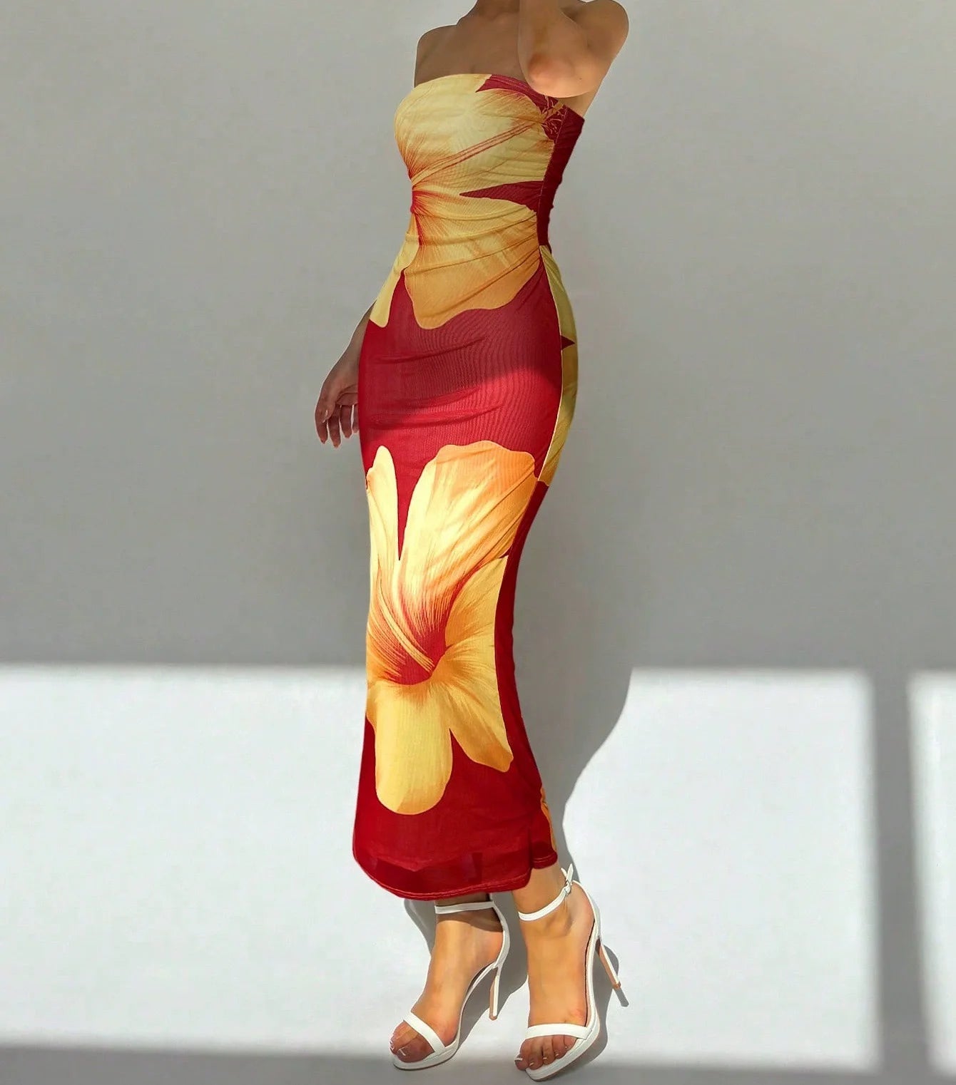 Sleeveless Big Flower Print Bodycon Skinny Maxi Tube Dress