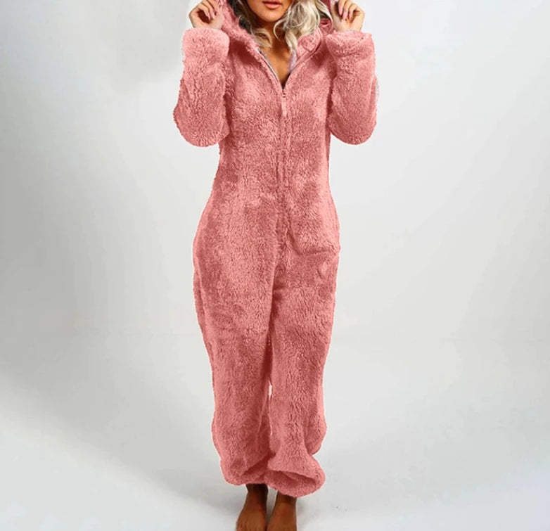 Faux Fur Fleece Women's Onesie Zipper Hoodie Teddy Jumpsuit