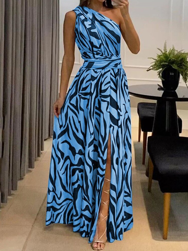 One Shoulder Geometric High Slit Asymmetrical Sleeveless Printed Maxi Dress