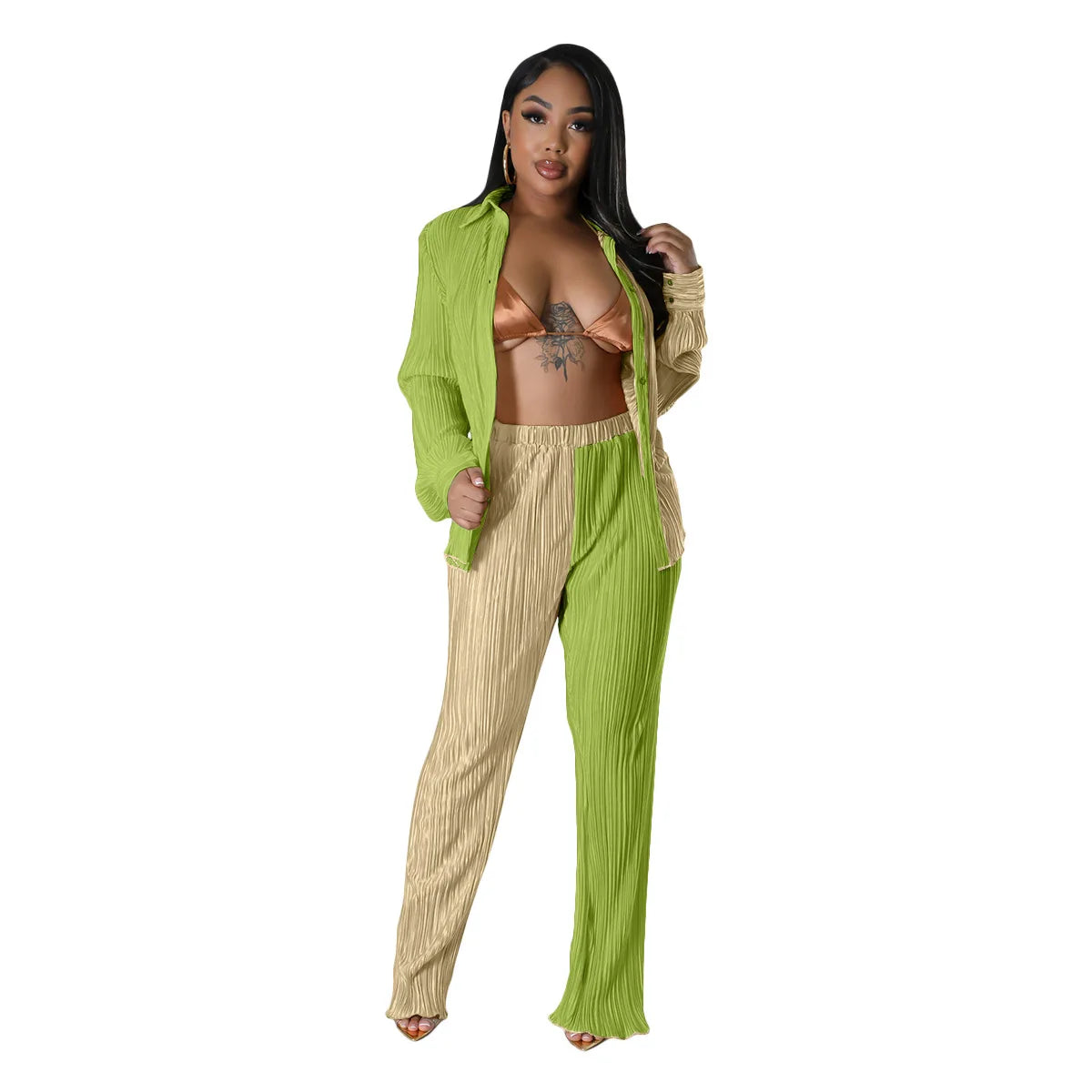 Colorblock Pleated Women's Oversized Blouse + Wide Leg Pants 2-Piece Set