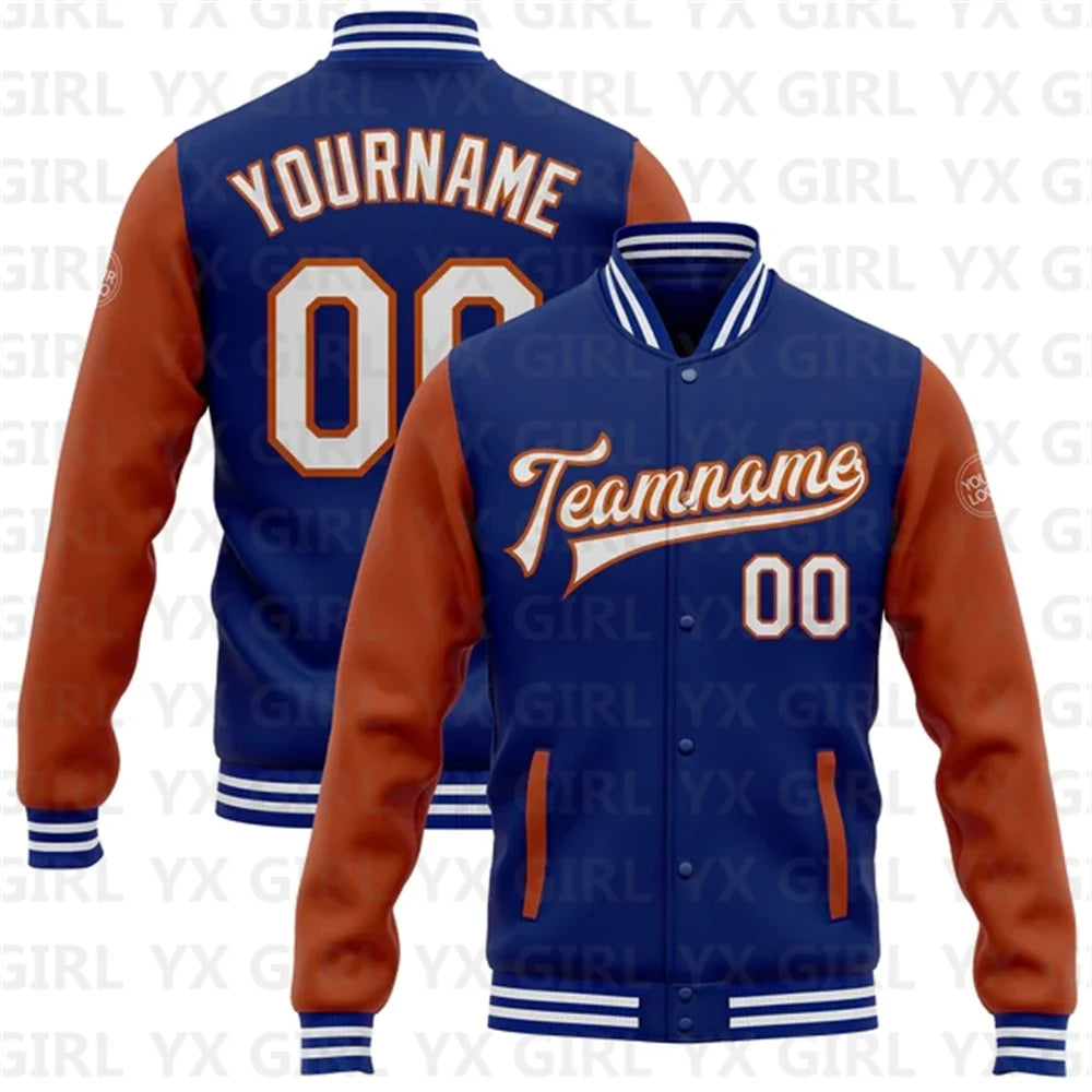 Customized Unisex 3D Letter Print/Team Name Personalized Royal White/Black/Gray Full-Snap Letterman's 2-Tone Baseball Button-Up Varsity Bomber Jacket