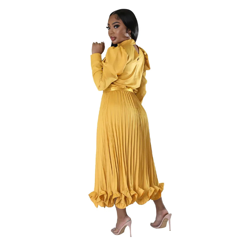 Women’s Solid Color O-Neck Lantern Sleeve Blouse + A-Line Flounce Formal Pleated Maxi Skirt w/ Sash Belt 2-Piece Set