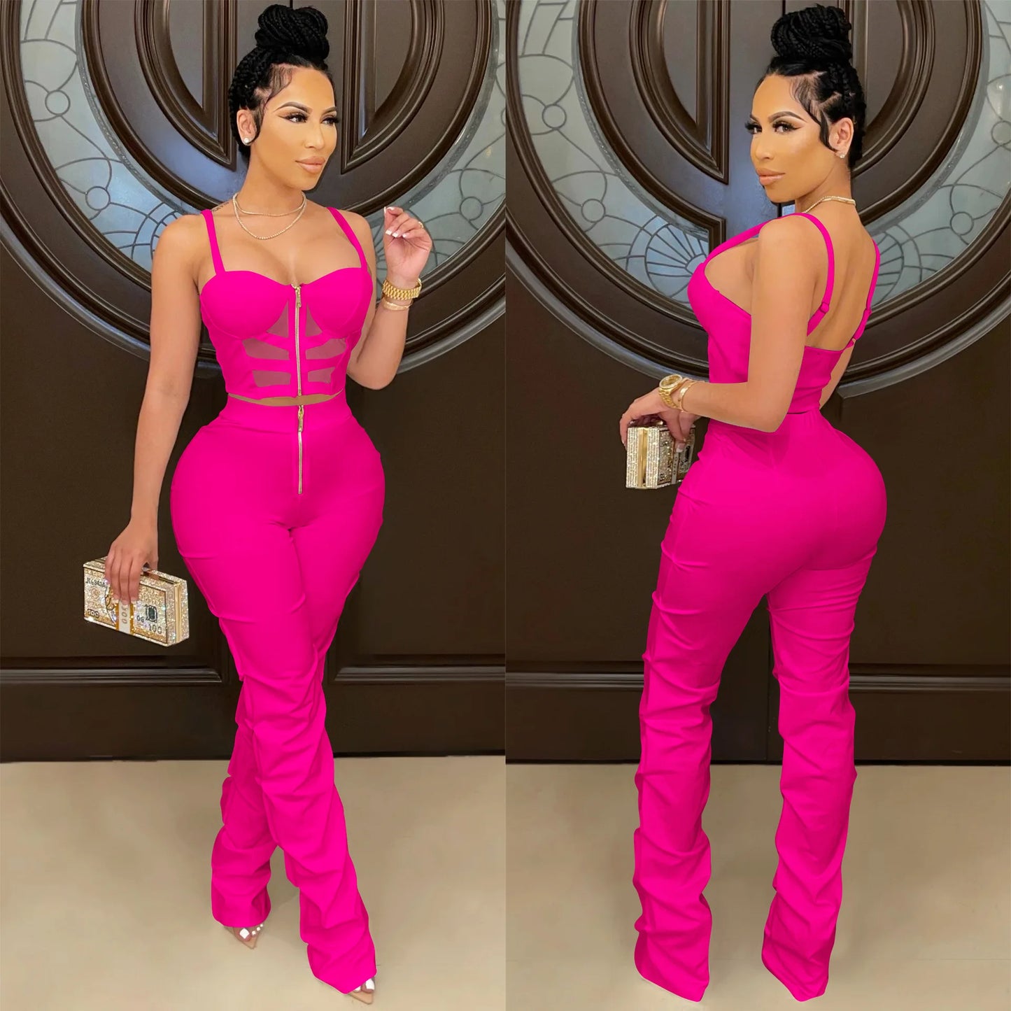 Corset Top Hollow-Out Zipper Front Cropped Tank Top + Stacked Zipper Front Pants Women's 2-Piece Set