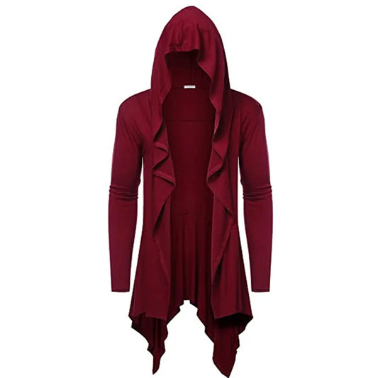 Men's Composite Long Hooded Ruffled Horn Collar Draping Cape Maxi Cardigan w/ Pockets