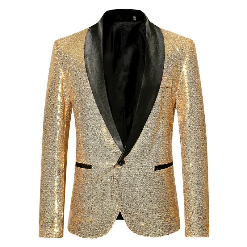 Men's Shiny Sequin Glitter Embellished Tuxedo Blazer Jacket