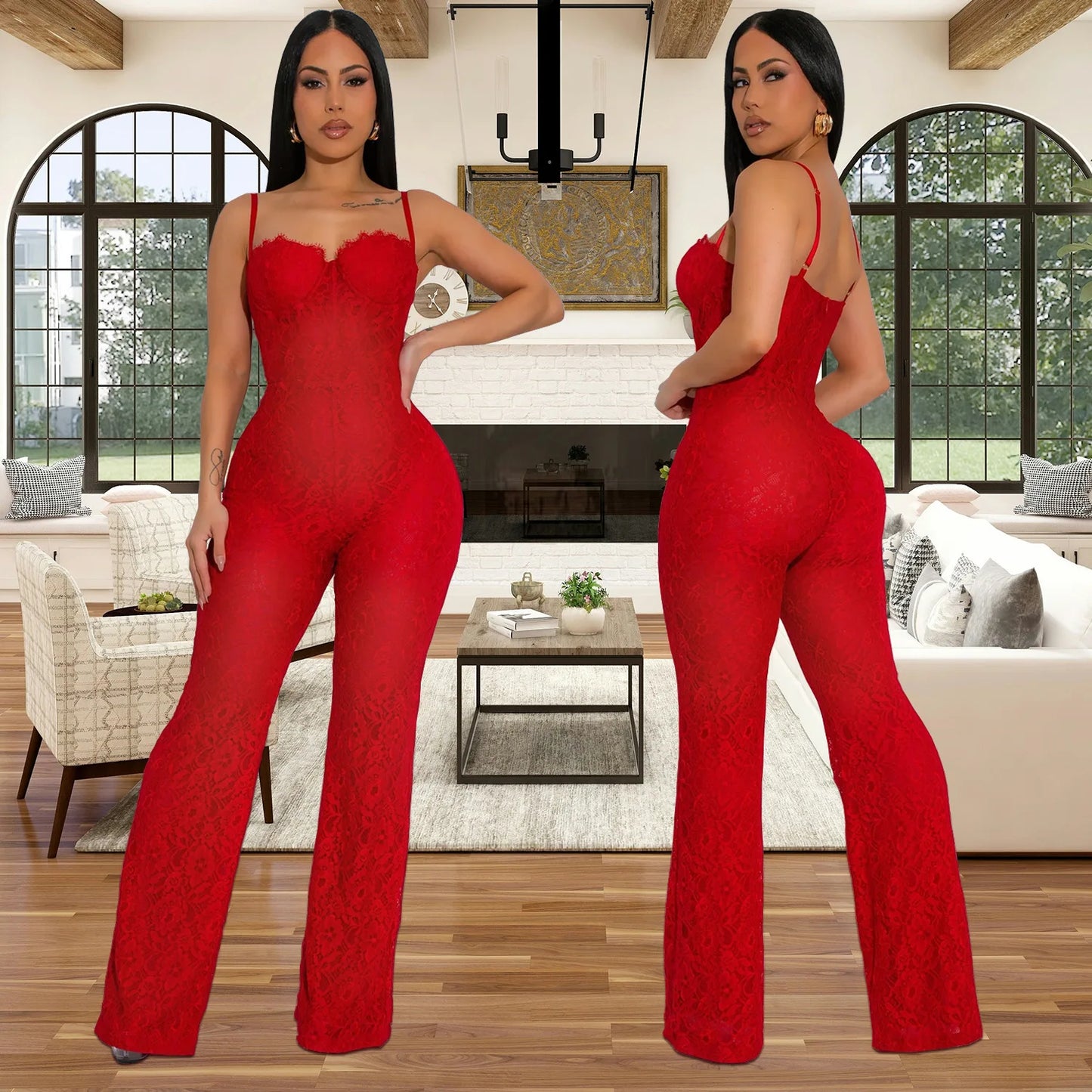 Lace Sexy Sheer Mesh Sleeveless Spaghetti Strap Solid Color Formal Jumpsuit
