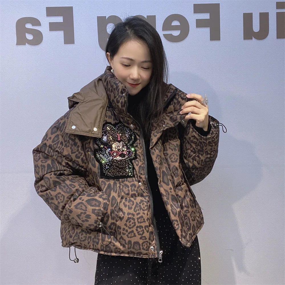 Leopard Rhinestone Hip-Hop Minnie Mouse Print Women's Quilted Cotton Down Hooded Jacket