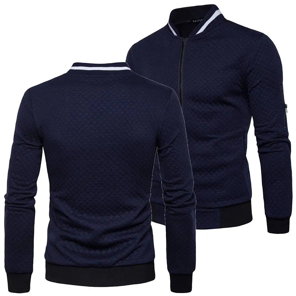 Men's Sportswear Jacquard Plaid Zipper Stand Collar Bomber Sweat Jacket
