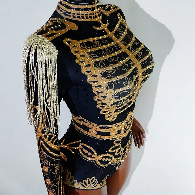 Luxury Rhinestone Fringe Bodysuit Sparkly Sequin Leotard Women Stage Performance Wear Drag Queen Costume Nightclub GOGO Dance Ou