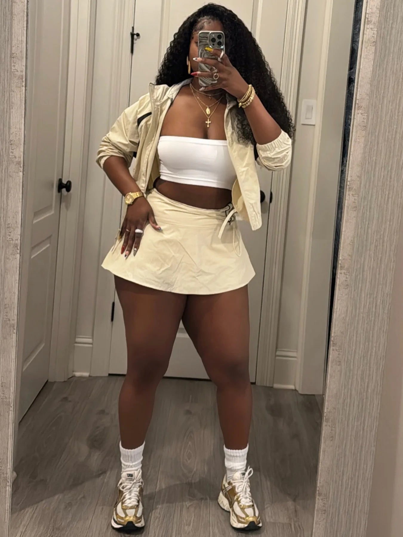 Striped Stand Collar Women's Zipper Fitness Jacket+ Drawstring Ruched Mini Tennis Skirt Solid Color 2-Piece Set