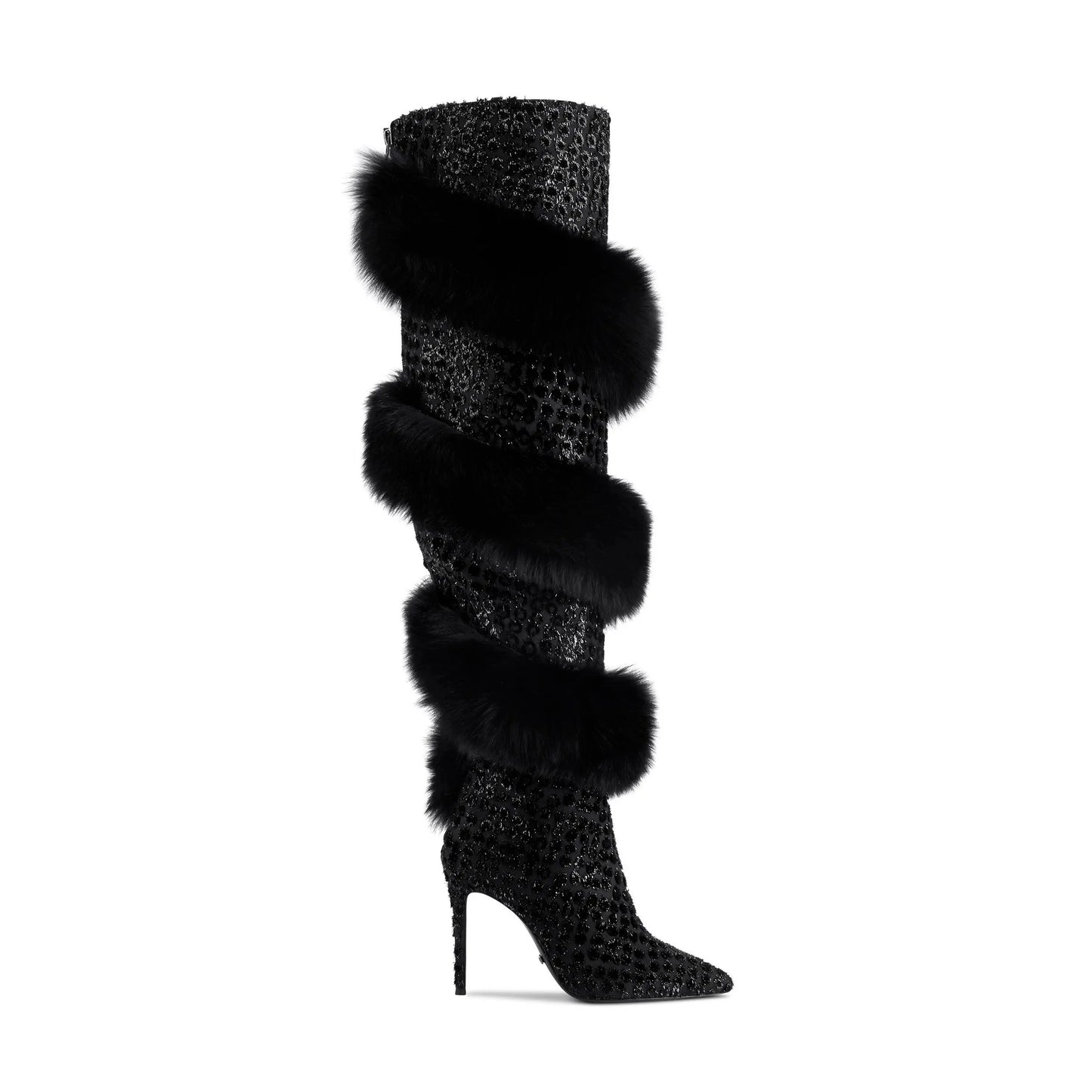 Leopard Black/Blue/Solid Spiral Faux Fur Design Spiked Stiletto Heel Over-The-Knee Women's Boots