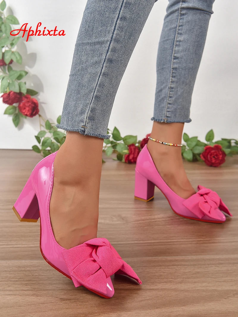 Oversized Butterfly Knot Bow Flower Design Patent Leather Square Heel Women's Pumps