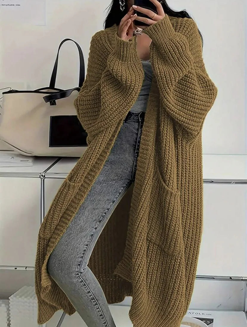 Oversized Cable Knitted Open Front Loose Women's Maxi Cardigan Sweater