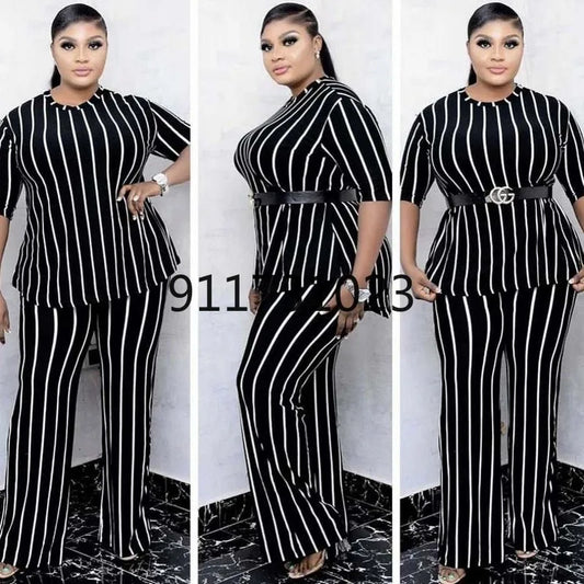 Striped O-Neck 3/4 Sleeve Top + Matching Pants 2-Piece Set