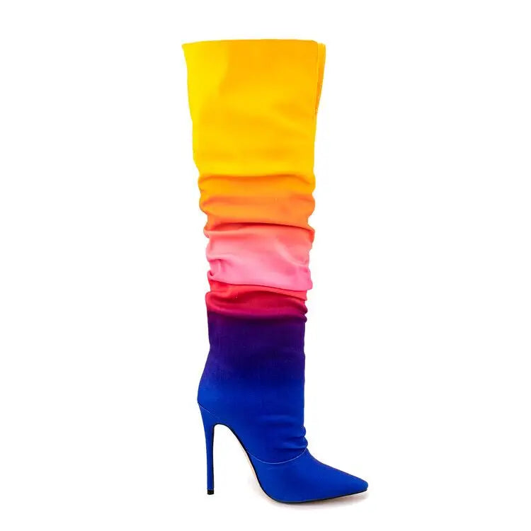 Rainbow Gradient Ruched Pointed Thin Heel Women's Stacked High Heel Boots