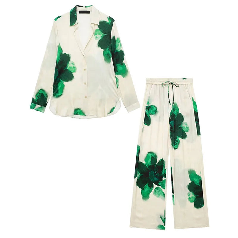 Floral Stain Print Button-Up Blouse + Elastic Waist Wide Leg Pants Women's Casual 2-Piece Sets