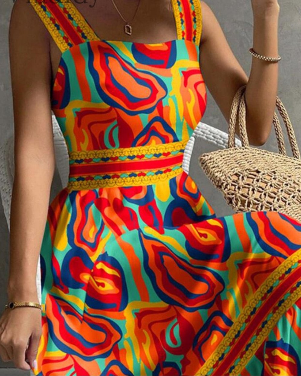 Multi-Color Print Square Neck Sleeveless Maxi Dress