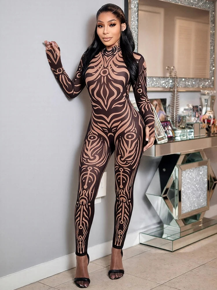 Black Sheer Turtleneck Long Sleeve Transparent Skin Tight Women's Jumpsuit