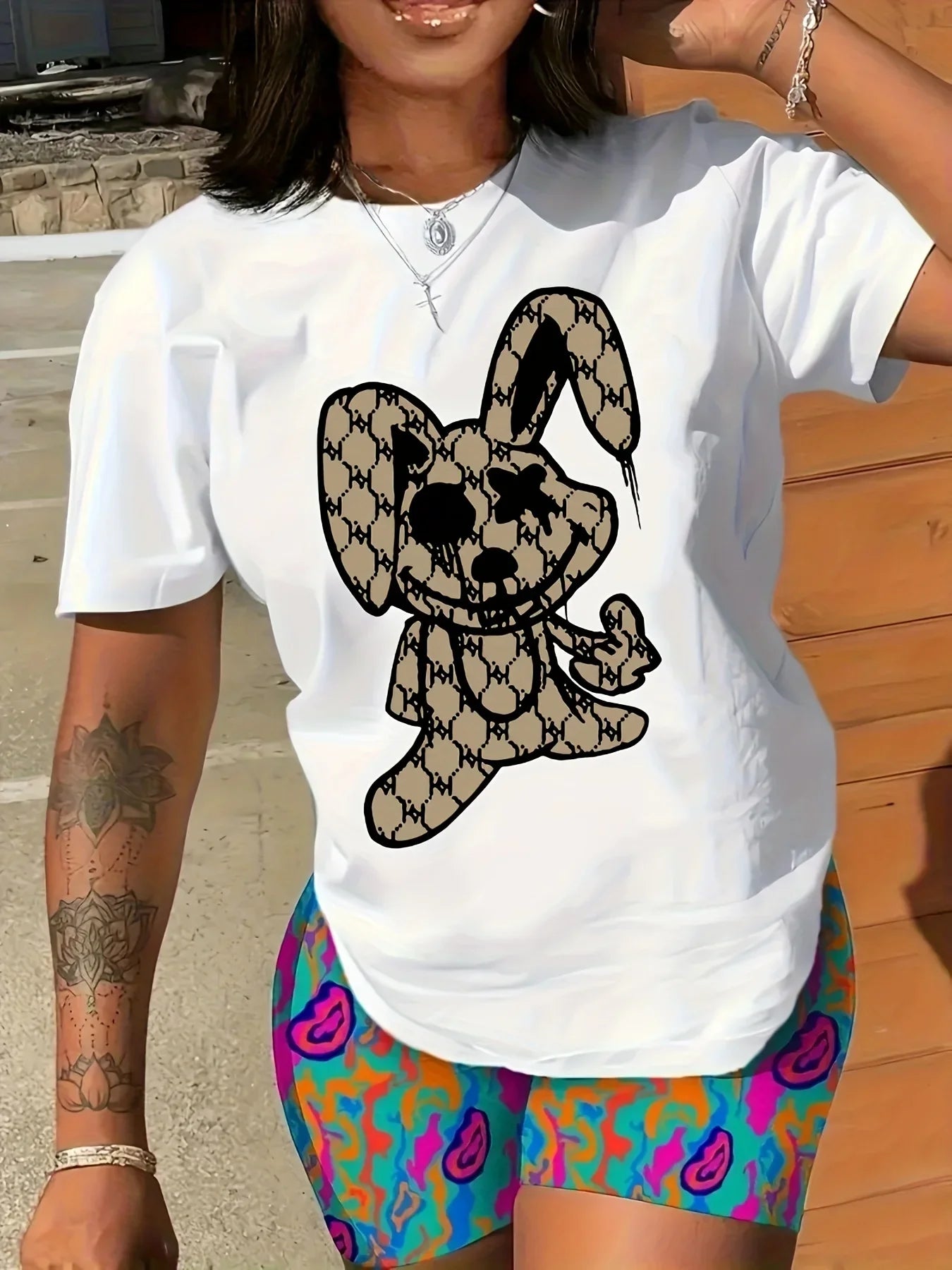 Hip-Hop Plaid Bunny Rabbit Print Women's Short Sleeve Skinny O-Neck T-Shirt to 3X Plus Size