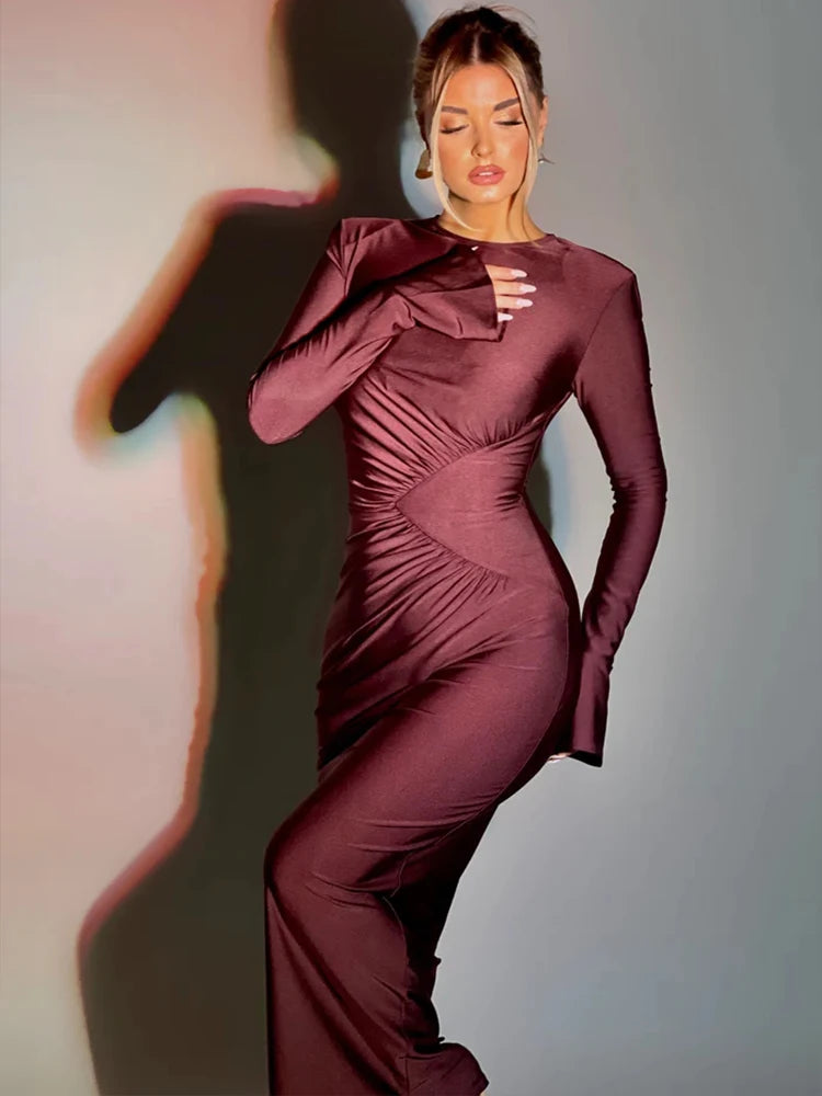 Ruched Pleated Bodycon Long Sleeve Maxi Dress