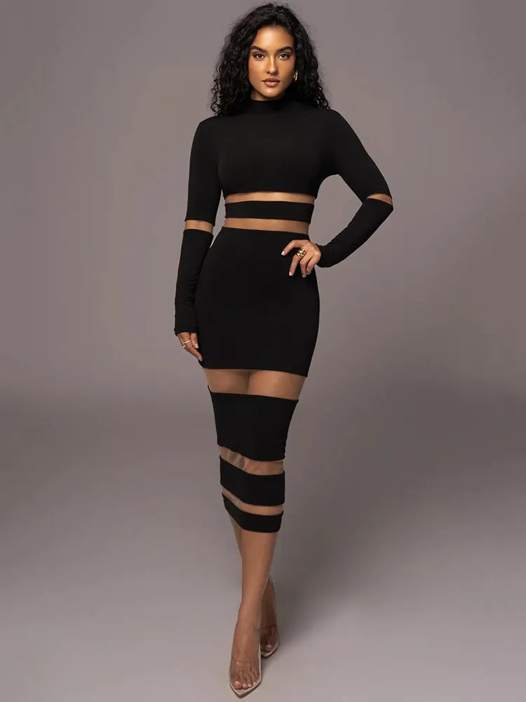 Patchwork Hollow-Out Mesh Bodycon Midi Turtleneck Long Sleeve Maxi Party Dress