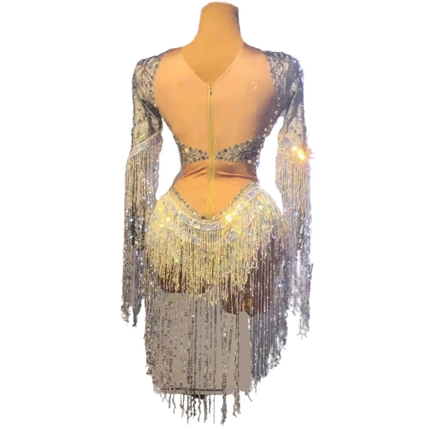 Shiny Crystal Rhinestone Long Tassel Sleeve Women's Deep V-Neck Bodysuits
