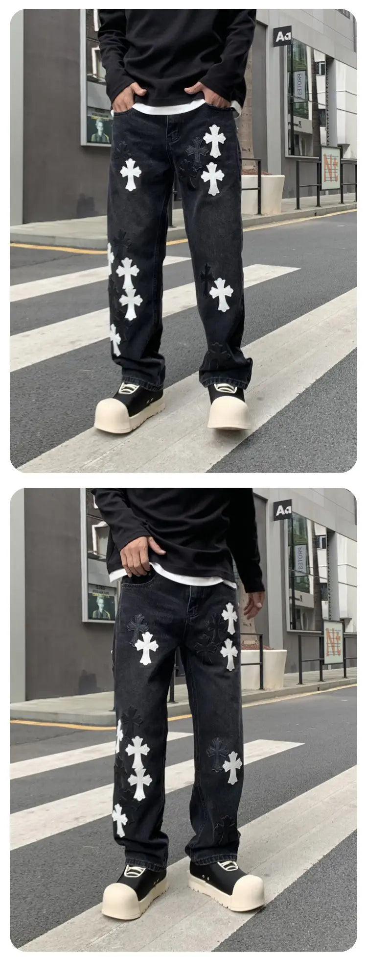 Men's Denim Black Cross Print Streetwear Mid-Rise Straight Leg Wide Leg Jeans