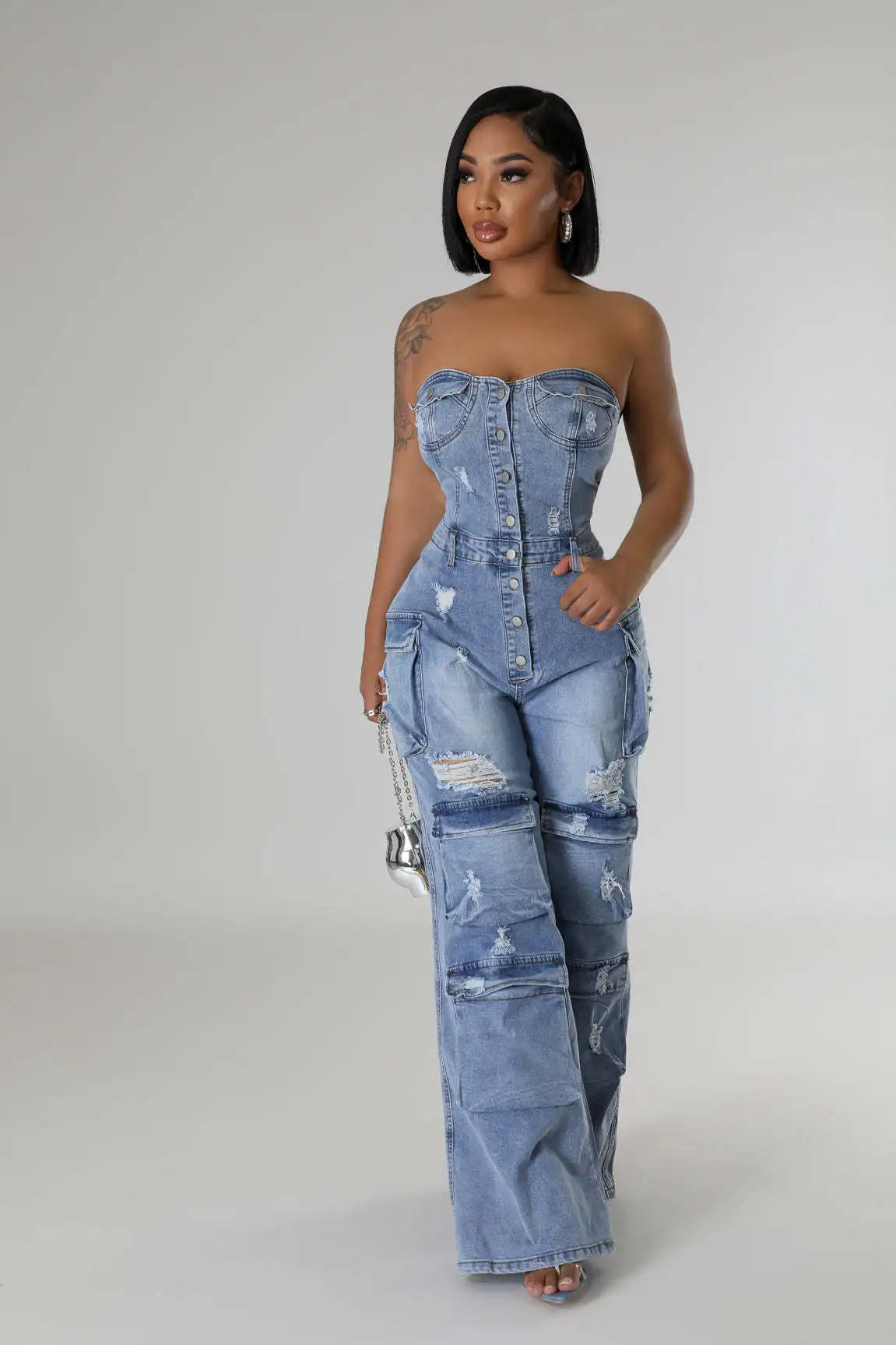 Denim Sleeveless Button-Up Tube Top Women's Ripped Hole Design Multi-Pocket Strapless Skinny Wide Leg Cargo Jean Jumpsuit