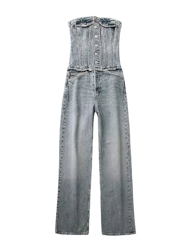 Vintage Strapless Off-the-Shoulder Stonewashed Jean Denim Ruched Women's Streetwear Backless Jumpsuit