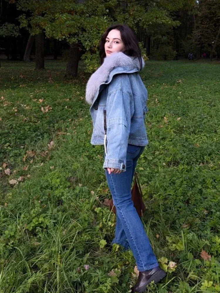 Denim Oversized 100% Real Fox Fur Collar Short Women's Goose Down Puffer Jean Jacket