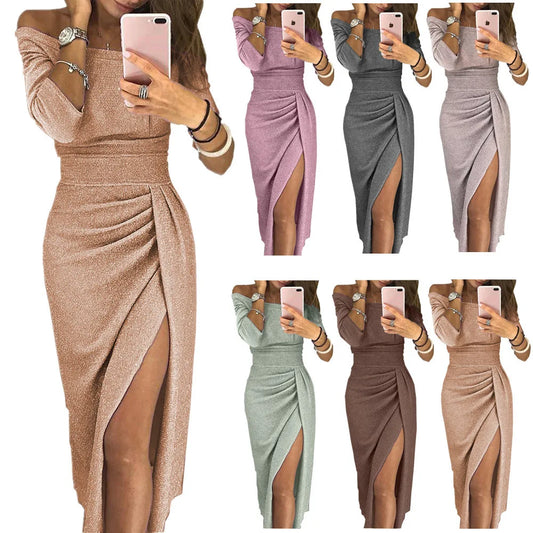 Ruched Sequin Solid Off-the-Shoulder Long Sleeve V-Neck Side Slit Bodycon Asymmetrical Dress to 5X