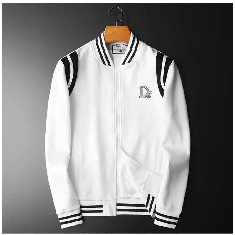 Men's Side Striped Embroidered Stand Collar Sports Bomber Jacket + Drawstring Sweatpants Skinny Tracksuit