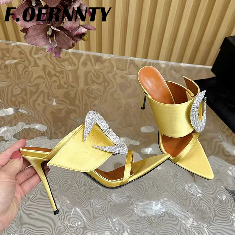 2024 New Satin Rhinestone One Strap Slippers Women Peep Toe High Heels Slides Women Sexy Pointed Toe Slingback Party Slippers