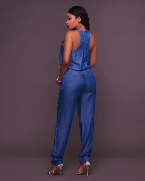 Denim Lightweight Ruched V-Neck Sleeveless Zipper Jean Jumpsuit