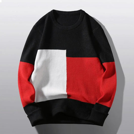 Men's Knitted Colorblock Long Lantern Sleeve Patchwork Round Neck Loose Sweater