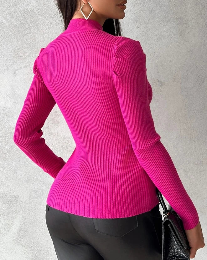 Rhinestone Cut-Out Heart Knitted Long Sleeve Pullover Skinny Women's Sweater