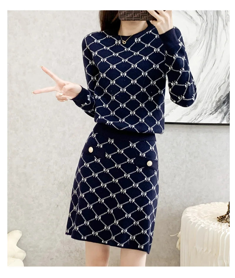 Monogram Print Cashmere O-Neck Pullover Long Sleeve Women's Top + Mini Skirt 2-Piece Set