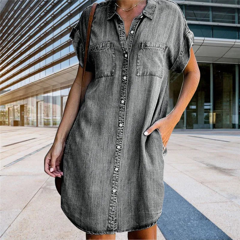 Denim Short Sleeve Distressed Button Down Tunic Button Mini Dress to 5X