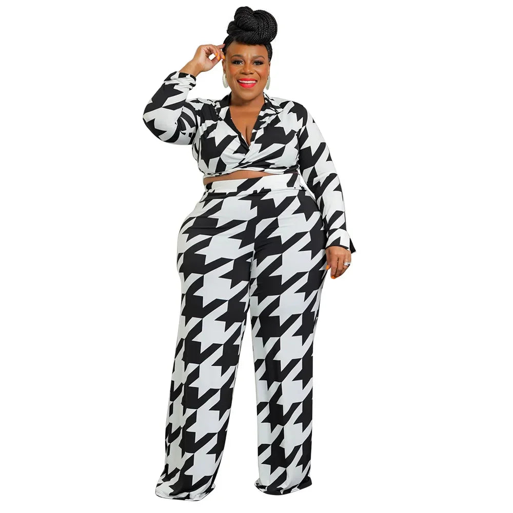 Houndstooth/Floral Tie-Dye Print Deep V-Neck Women's Long Sleeve Crop Top + Pants 2-Piece Set to 5X Plus Size