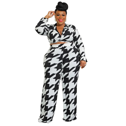Houndstooth/Floral Tie-Dye Print Deep V-Neck Women's Long Sleeve Crop Top + Pants 2-Piece Set to 5X Plus Size