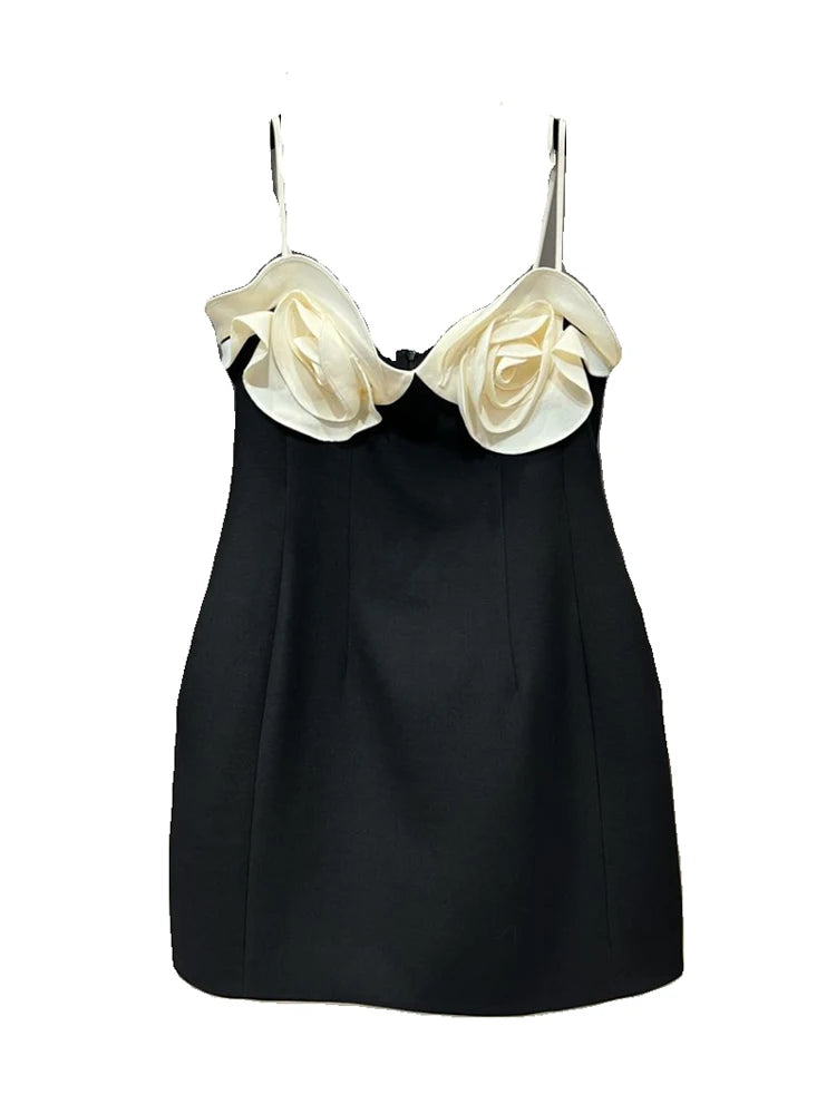 Contrast Color White Flower Detail Sling Backless Sleeveless Mini Formal Party Dress