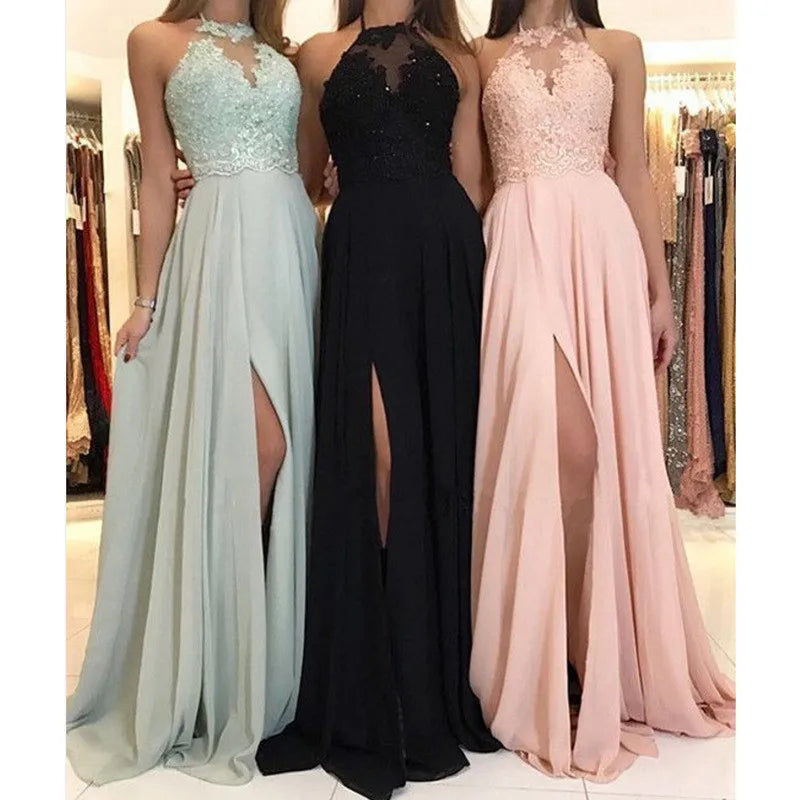 Chiffon Lace Patchwork Long Dress Solid Color Sleeveless Floor Length Evening Party/Prom/Bridesmaid Dress