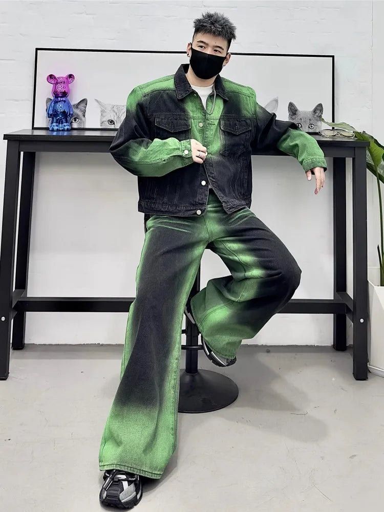 Men's Denim Green/Black Colorblock Loose Cowboy Jean Jacket + Wide Leg Jeans 2-Piece Set