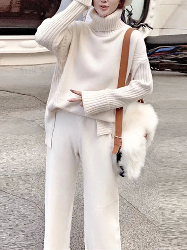 Women's Winter Knitted Solid Turtleneck Sweater + Matching Loose Trouser Knitted Pants 2-Piece Set