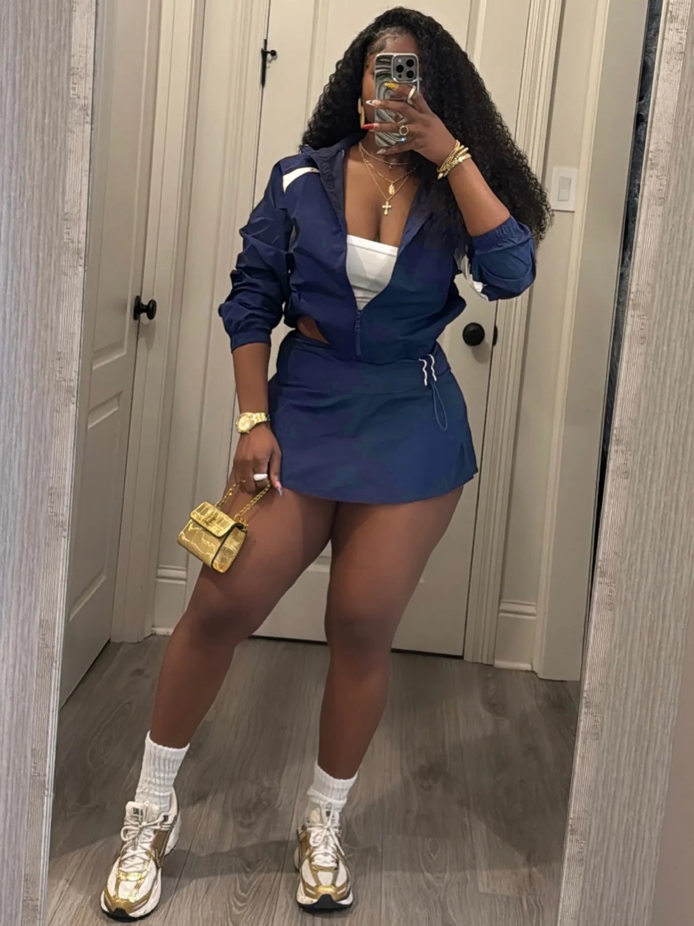 Striped Stand Collar Women's Zipper Fitness Jacket+ Drawstring Ruched Mini Tennis Skirt Solid Color 2-Piece Set