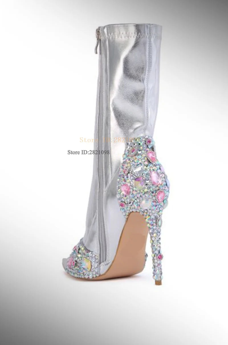 Metallic Retro Silver Gem Embellished Patchwork Peep Toe Stiletto Heel Ankle Boots