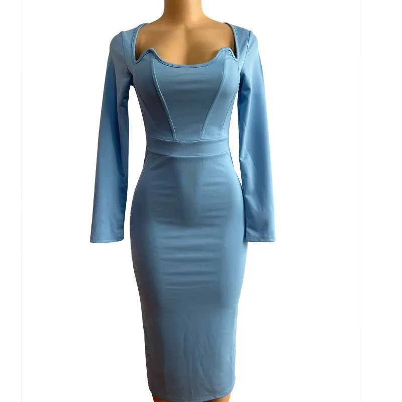 Corset Top French Bone Shape Design Solid Color Bodycon Midi O-Neck Long Sleeve Skinny Maxi Party Dress