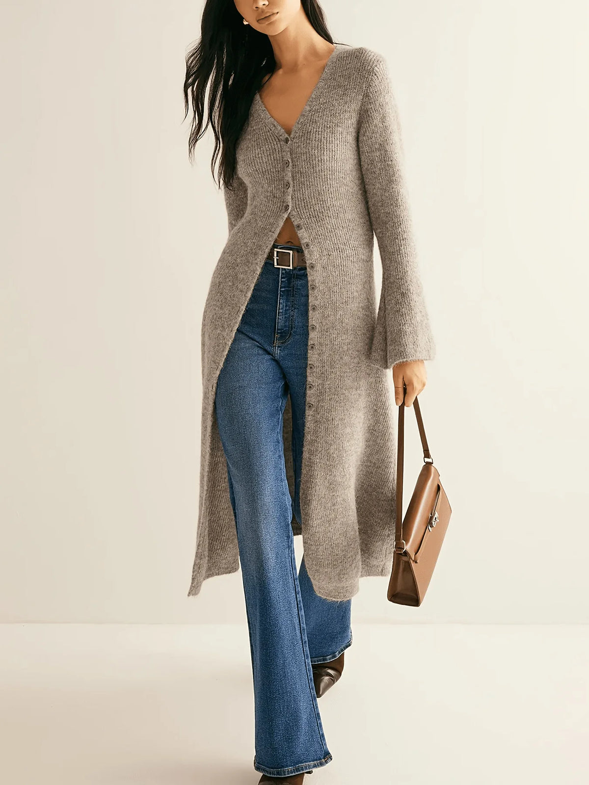 Knitted Long Flared Sleeve Button Front Bodycon Women's Maxi Sweater